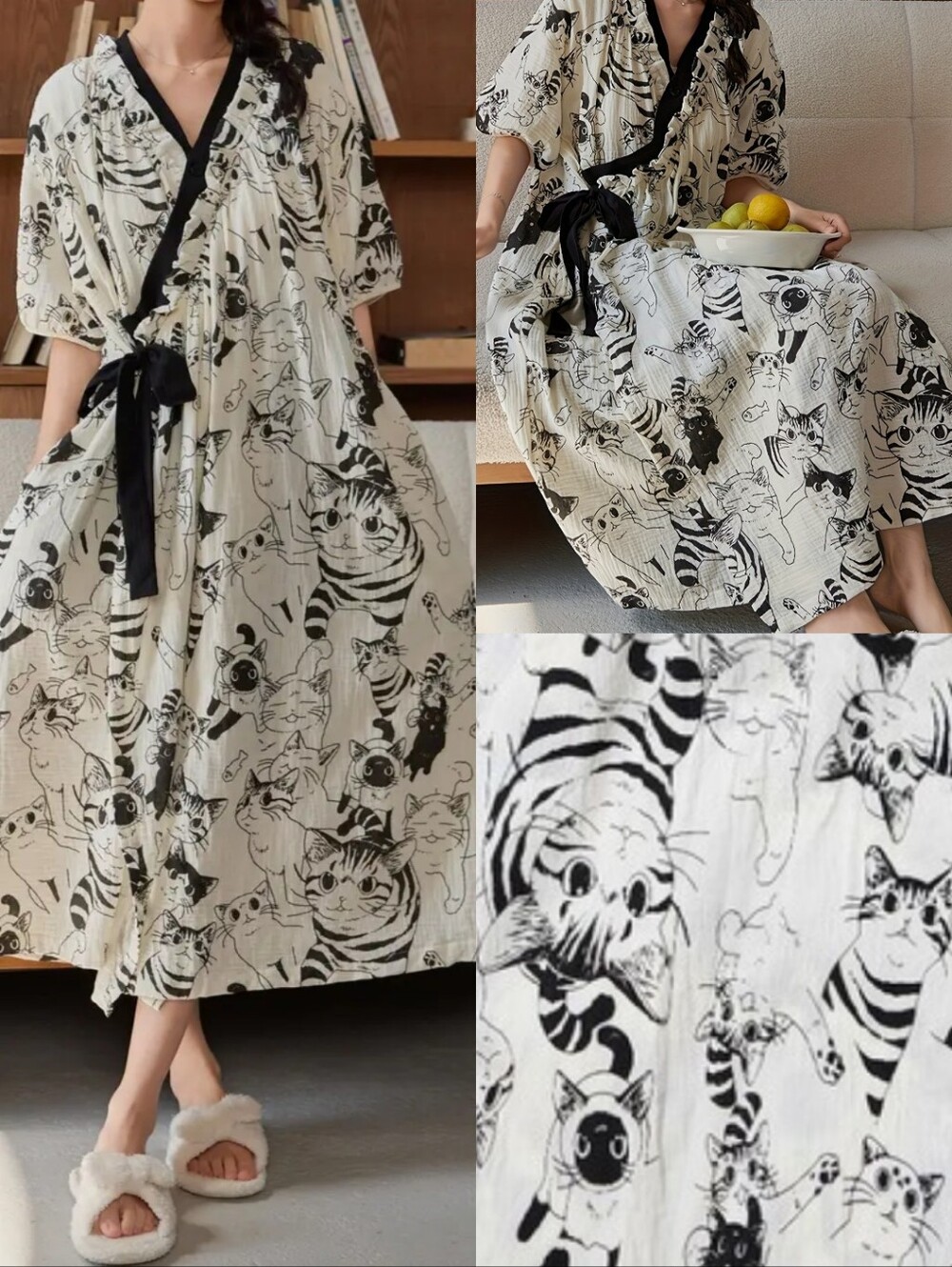 Cat Print Robe Short Sleeve Lightweight Cute Neko Kimono Style Kawaii Fits Large